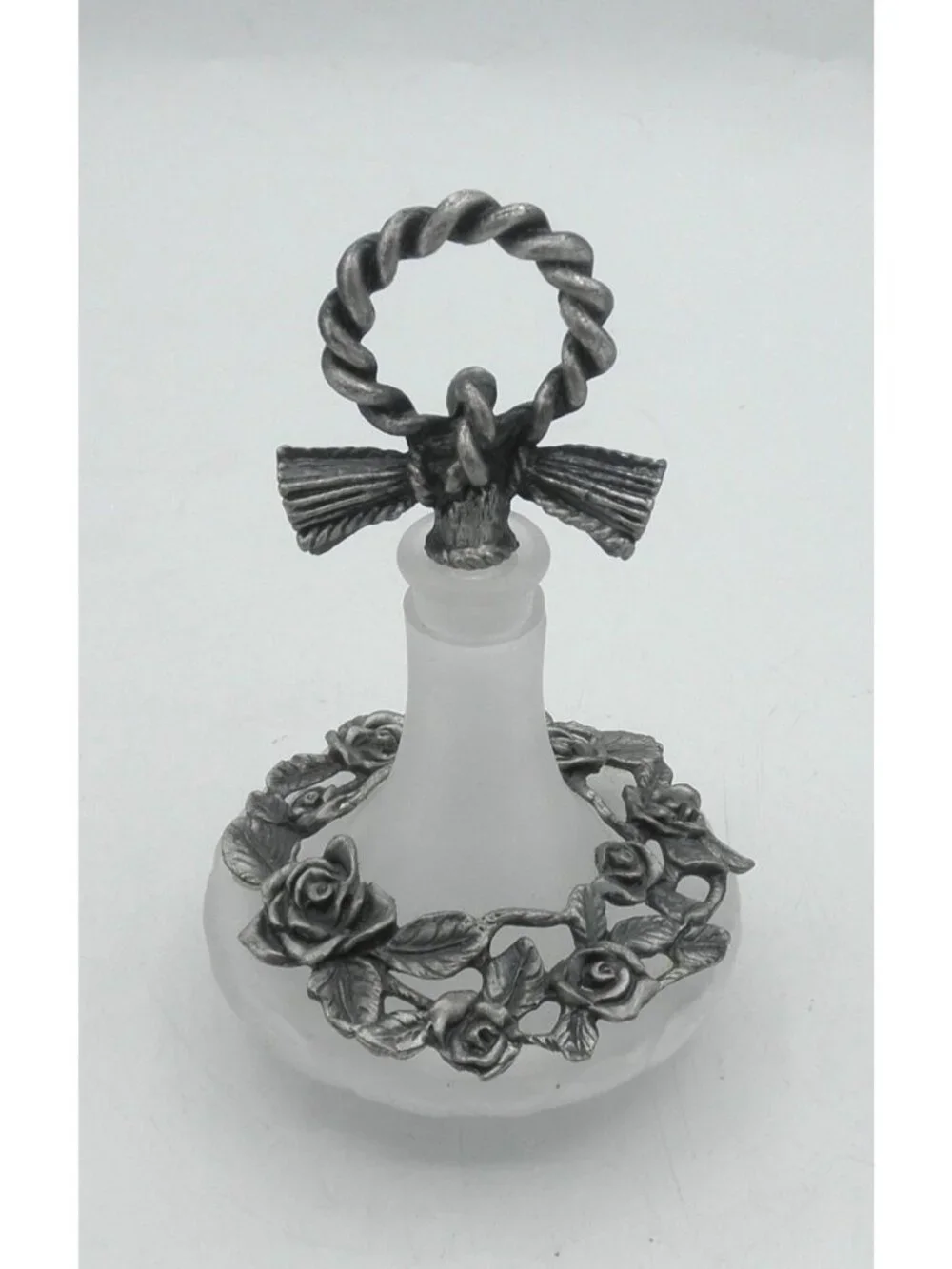 Vintage Clear Frosted Glass Vanity Bottle With Pewter Embellishments & Stopper